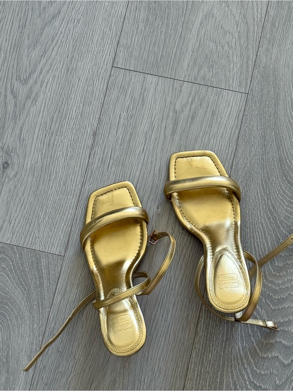 Metallic Gold Strappy Square-Toe Heeled Sandals